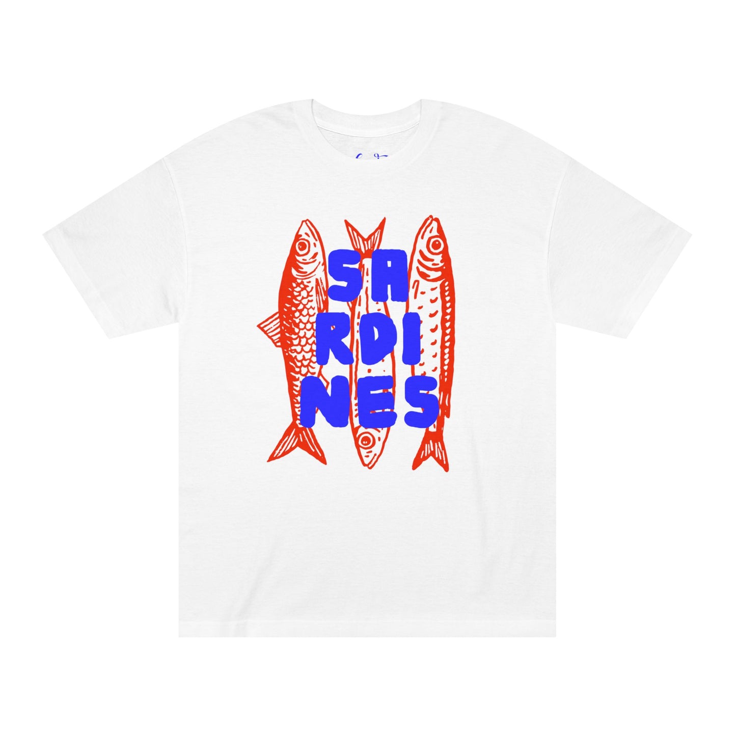 Coastal sardines graphic t-shirt with bold blue lettering