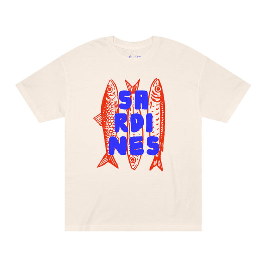 Coastal sardines graphic t-shirt with bold blue lettering