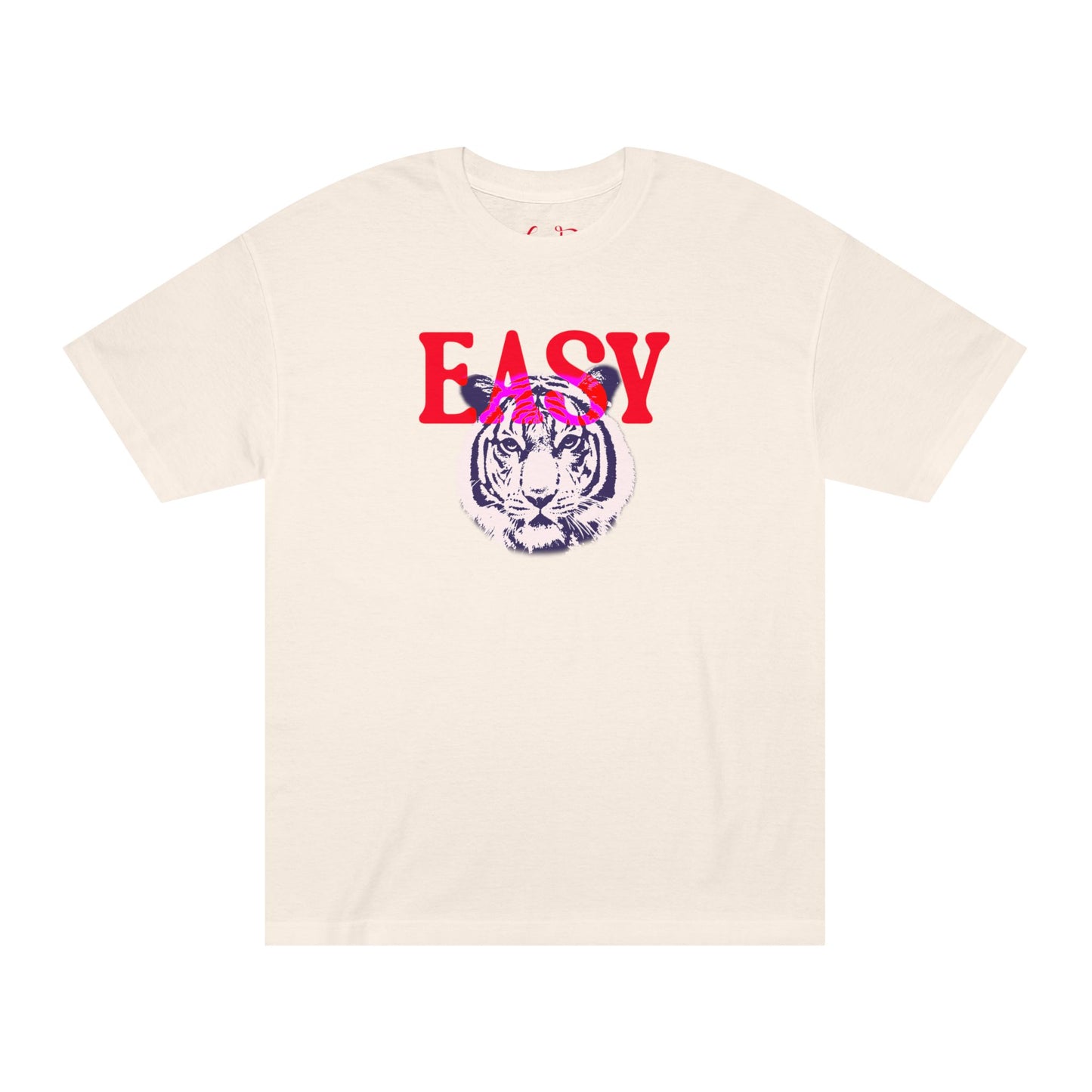 Beige t-shirt with a tiger graphic and 'EASY' text on a white background