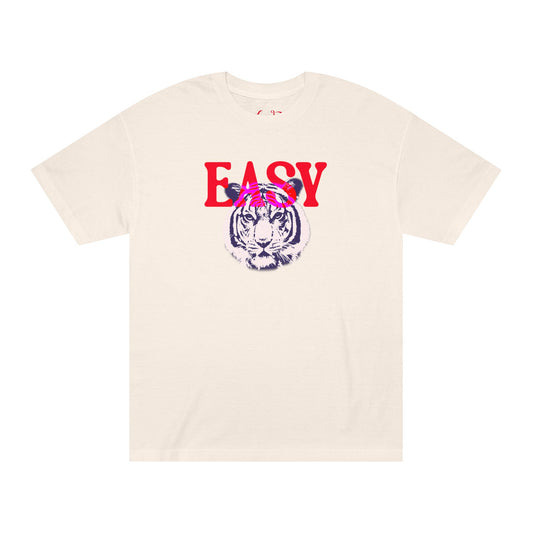 Beige t-shirt with a tiger graphic and 'EASY' text on a white background