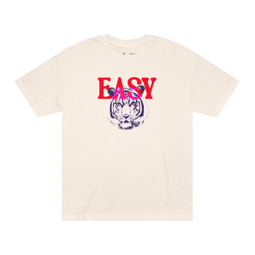 Beige t-shirt with a tiger graphic and 'EASY' text on a white background