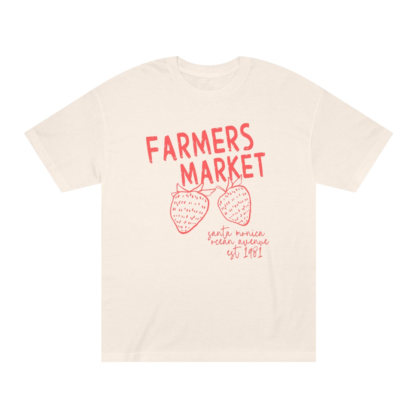 Blush pink Farmers Market graphic t-shirt featuring coral lettering and strawberry illustration inspired by Santa Monica Ocean Avenue.