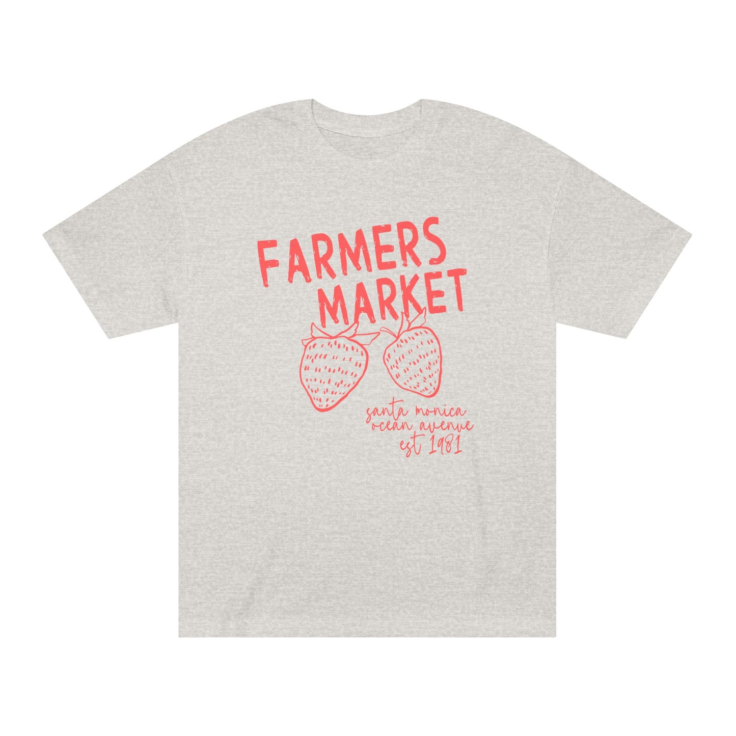 Blush pink Farmers Market graphic t-shirt featuring coral lettering and strawberry illustration inspired by Santa Monica Ocean Avenue.