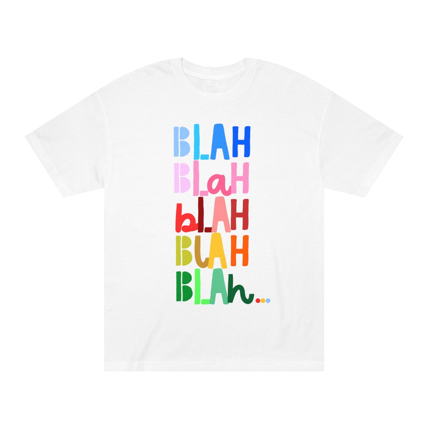 Colorful Blah Blah Blah stacked text graphic t-shirt
