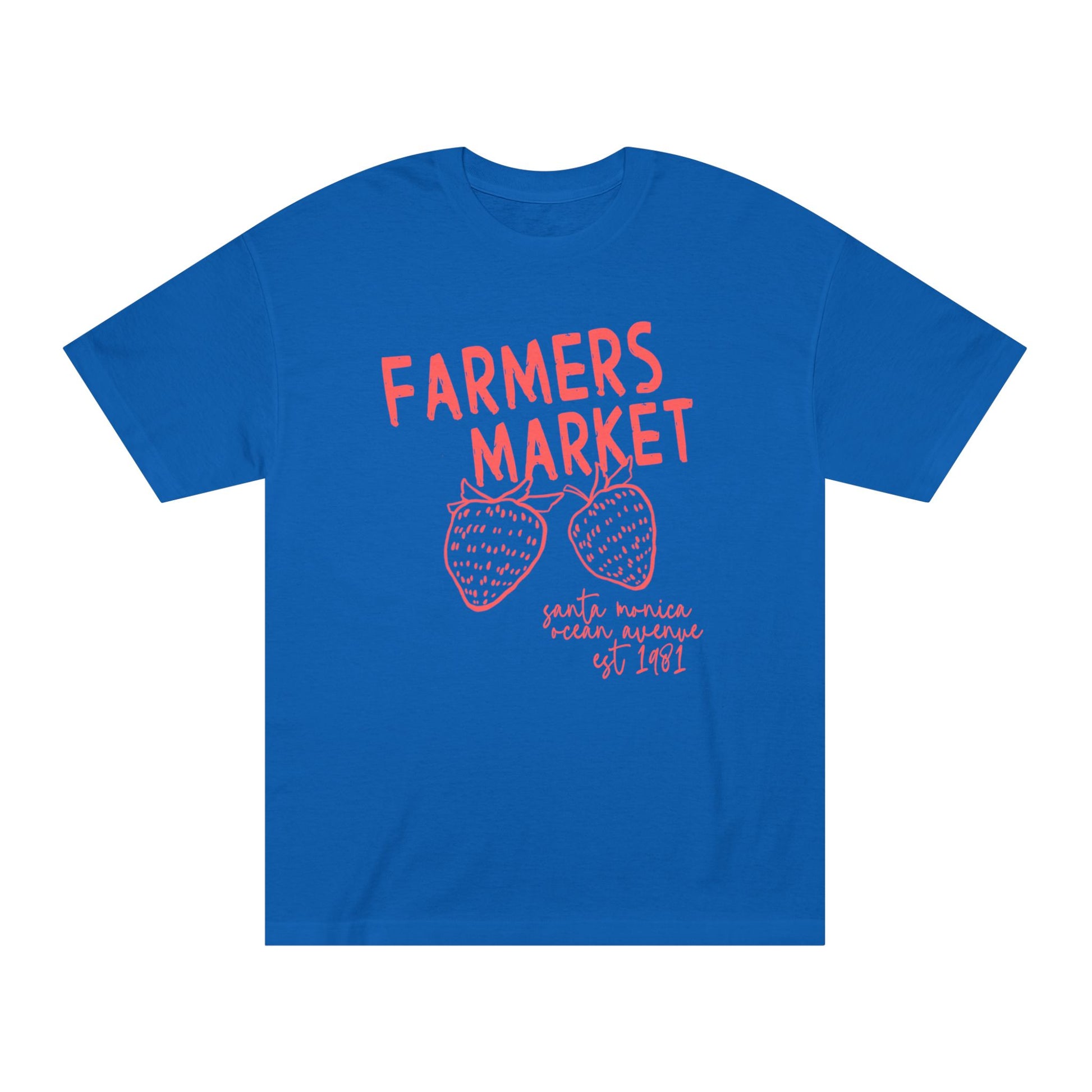 Blush pink Farmers Market graphic t-shirt featuring coral lettering and strawberry illustration inspired by Santa Monica Ocean Avenue.