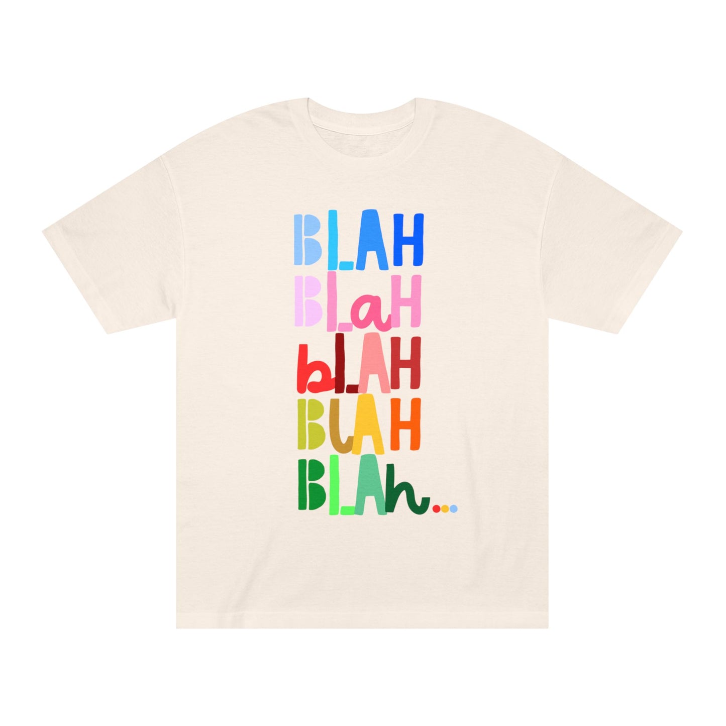 Colorful Blah Blah Blah stacked text graphic t-shirt